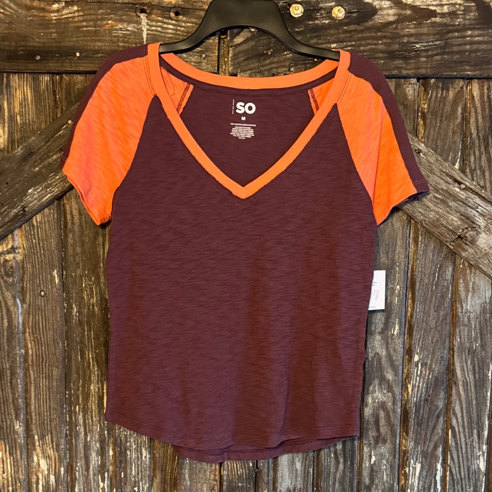 SO V-Neck Raglan Tee in Plum and Orange